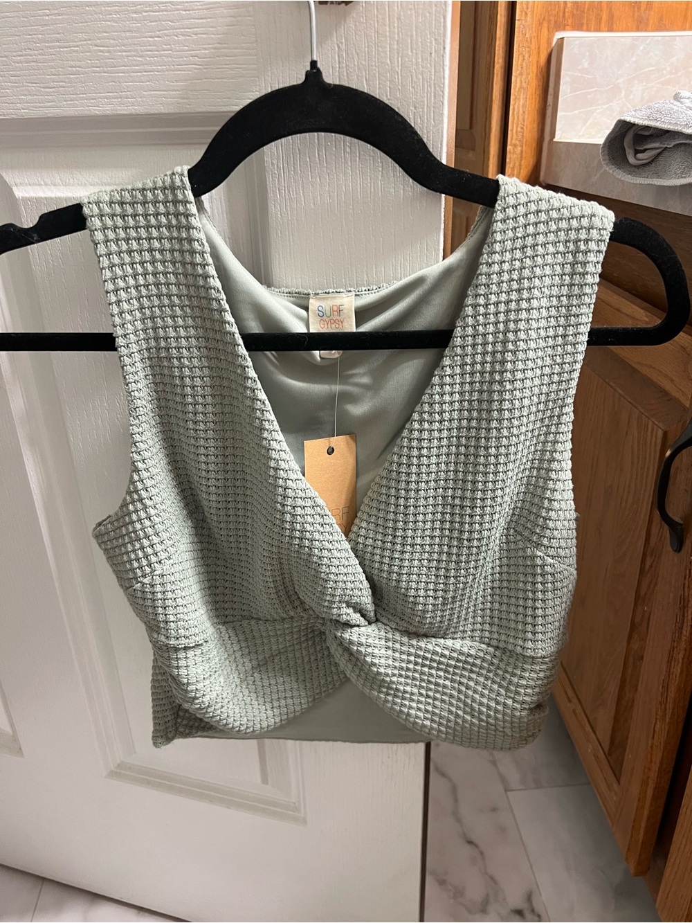 NEW WITH TAGS- Surf Gypsy Sage Green Waffle Knit Twist-Front Crop Top
